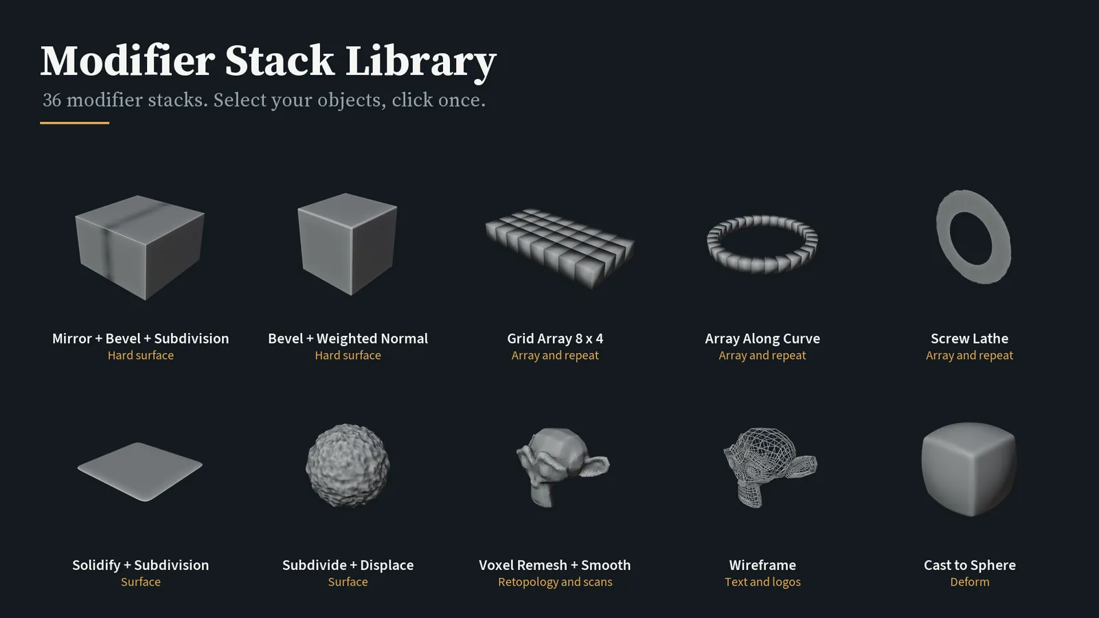 The eight categories in the library